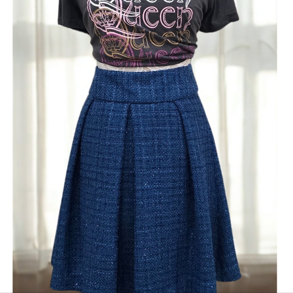 Coldwater Creek Blue Tweed Plaid Shimmer Pleated Skirt Sz 10
